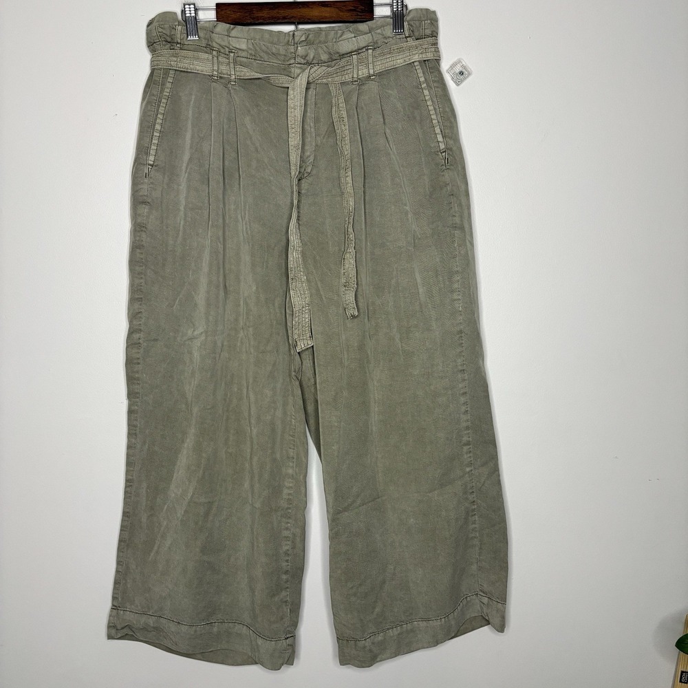 American Eagle Green Paper Bag Cropped Wide Leg Pants 14 Belted Boho Baggy Loose - Picture 8 of 10